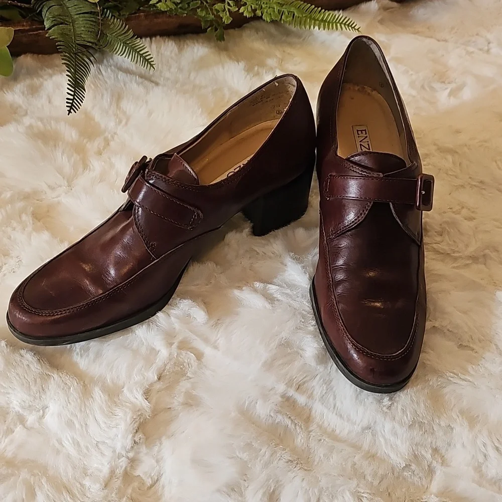 Enzo Angiolini Gravine Dark Brown Leather Chunky Heel Loafers Womens 7 Academia